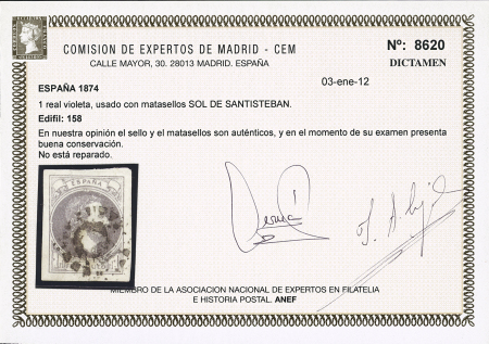 1874 Carlos VII 1real violet, three used examples with