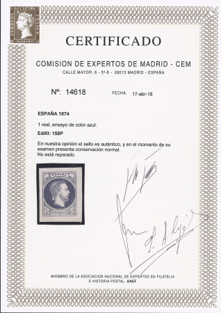 1874 Carlos VII 1real blue proof on gummed paper, very