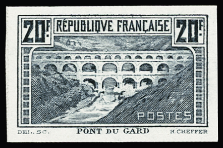 N°262 20f Pont du Gard, essai en bleu-acier, non dentelé,