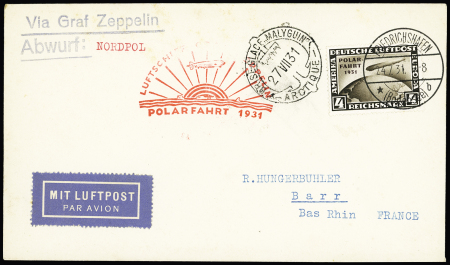 Allemagne PA n°42 (cte 850€) OBL Friedrichshafen (24.7.31) sur lettre avec cachet rouge "Luftschiff Graf Zeppelin polarfahrt 1931 + CAD "brise-glace Malyguin" sur lettre. B/TB