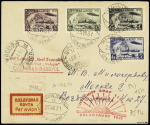 URSS série complète PA 27B à 30B, dentelés, OBL CAD "Par avion Zeppelin Leningrad" (25.7.31) sur lettre recommandée avec cachet rouge "Polarfahrt 1931" et CAD "brise-glace Malyguin arctique" (27.7.31) sur lettre rec