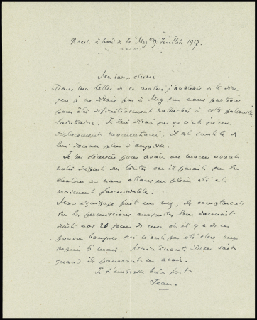 Lettre autographe de JB Charcot signée "Jean" adressée à sa sœur en mission à Brest à bord de la Meg le 9 juillet 1917. TB