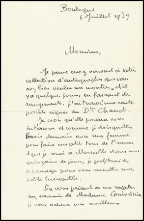 Carte postale verticale "Le Pourquoi Pas?" navire d'exploration attaché au Museum National d'Histoire Naturelle" AFF n°281, 40c Paix, OBL Aix les Bains (29.9.35) avec texte autographe adressé à M. Lory à Nantes, sig