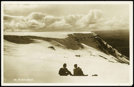 Carte postale "A la recherche du Latham 47 - aout 1928" ayant voyagé sous une enveloppe avec griffe violette "Trois mâts aviso Pourquoi Pas?" (1929) + CP photo de Kistufell. TB