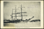 Carte postale horizontale "Le Pourquoi Pas au Groenland" ayant voyagé sous enveloppe avec texte signé "Ernest" (Gourdon) et petite griffe violette "Trois mâts avison Pourquoi Pas?" (9 juillet 1928 recherche d'Admunsen