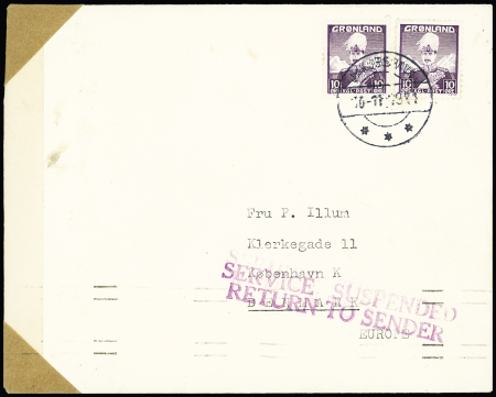 GROENLAND n°4 en paire OBL Jacobshavn (10.11.41) sur lettre censurée pour Copenhague dirigée  sur New-York (arrivée 17.4.1942) faute de communications avec l'Europe occupée avec griffe US violette "Service suspended