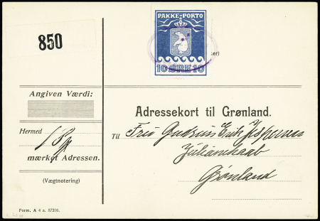 Groenland timbre pour colis postaux n°4 10 ö bleu OBL cachet ovale violet sur carte pour Julianhaab. RR et TB