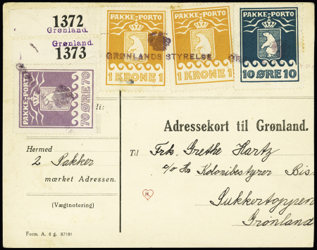Groenland colis postaux n°4 + 7 + 8, 2 pièces, OBL linéaire noire surmontée d'une couronne "Gronlands styrelse" sur carte. RR et TB