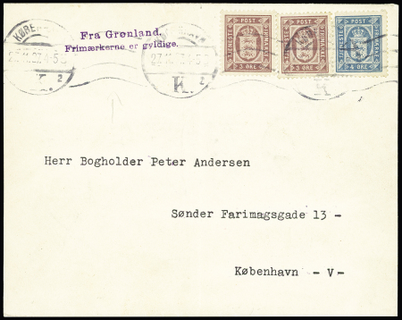 4 plis du Danemark (3) et de Hongrie (1) pour le Groenland avec diverses griffes violettes d'arrivée au Groenland (1915 - 1940). TB