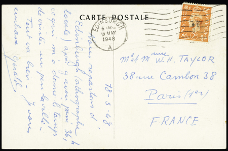 Carte postale Samivel (traces de chenilles et boite de sardines) AFF Grande Bretagne OBL mécanique Edinburgh (19.5.48) signée Gerald (Taylor), utilisation RR en GB lors de l'escale du Force. RR et TB