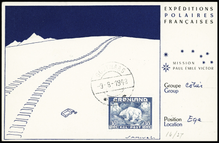 Groenland n°7 OBL Godthaab (9.8.48) sur carte postale Samivel avec au verso grand cachet bleu missions (au pluriel) PEV Arctique - Antarctique. TB
