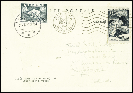 Carte postale EPF (aurore boréale) avec double AFF France n°829 OBL Paris 62 (23.7.49) + Groenland n°7 OBL Godthaab (2.8.49). TB
