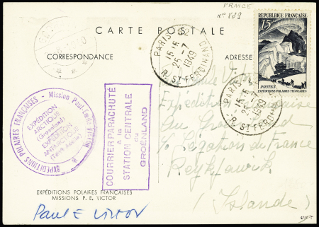 N°829 OBL Paris 62 (25.7.49) sur carte postale EPF (aurore boréale) avec CAD de transit Godhavn (21.8.50) (carte restée en souffrance à la légation de France de Reykjavik) mais avec cahet rond violet type 1 Mission 