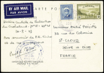 Canada n°211 + 220 OBL Terre Neuve (1 oct 49) sur carte EPF (aurore boréale) avec grand cachet bleu Missions PEV Arctique - Antarctique, signée Paul Emile Victor. RR et TB