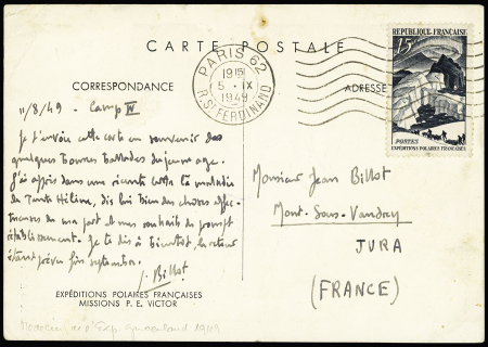 N°829 OBL mécanique "Paris 62 R. St Ferdinand" (5.9.1949) sur carte postale EPF (aurore boréale) signée Jacques Billot (médecin de l'expédition d'avril - sept 1949). B/TB