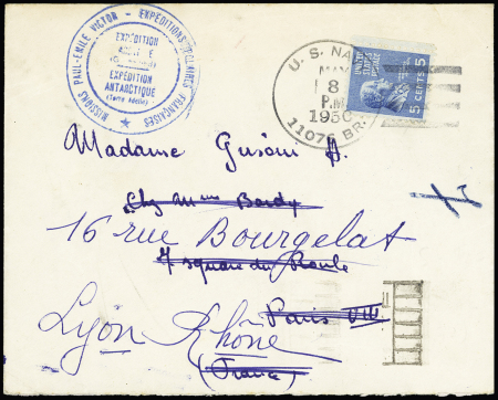 USA n°375 OBL grand CAD "US navy 11076 BR" (8 mai 1950) sur lettre avec grand cachet bleu Missions PEV expédition Arctique - Antarctique (courrier posté à la base américaine de Gronnedal près d'Ivigtut lors de l'es
