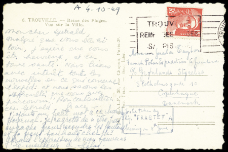 N°813, 15F Gandon OBL Trouville (1949) sur carte postale adressée à Gérald Taylor "French polar expédition to Groenland" avec mention manuscrite "arrivée 4.10.49". TB