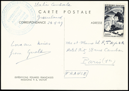 N°829, non oblitéré sur carte postale des EPF (aurore boréale) avec rare cachet vert "Expéditions polaires françaises Paul Emile Victor - Expédition arctique Groenland 1949 - 1950". TB