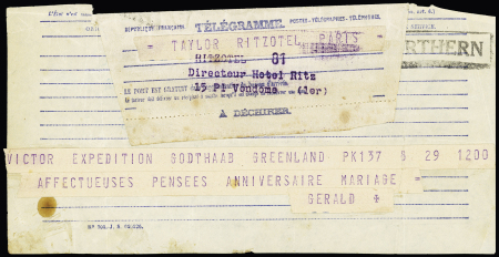 Télégramme de Gérald Taylor "Victor expédition Godthaab Greenland" adressé à ses parents à l'Hotel Ritz (29 oct 49). RR et TB