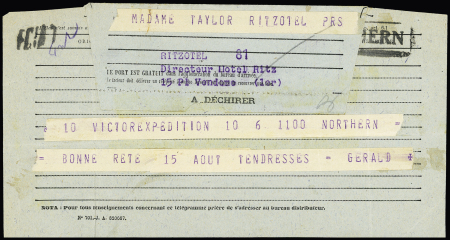 Télégramme bleu de Gérald Taylor "Victor expédition Northern" (6 aout 49) adressé à ses parents à l'Hotel Ritz (29 oct 49). RR et TB