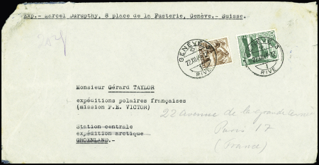 Lettre de Genève (22.12.1949) adressée à Gérald Taylor à la station centrale du Groenland et réexpédiée aux EPF 22 avenue de la Grande Armée avec au verso griffe violette "Groenlands styrelse". B/TB, Rare
