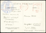 N°829 OBL sur carte postale aurore boréale avec au verso EMA rouge de Christiansund (8.7.50 - Norvège) + grand cachet bleu Missions PEV Arctique Antarctique et signature PEV au crayon (pièce reproduite page 109 de l'