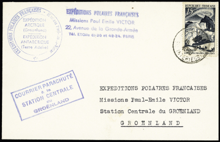 N°829 OBL CAD "Paris aviation Sce intérieur" (1950) sur lettre avec divers cachets dont cachet rect bleu "Courrier parachuté à la station centrale du Groenland". Jolie pièce