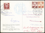 Carte postale Station centrale de Marcel Ichac AFF Groenland n°2 + 6 + 8 OBL Ivigtut (12.10.50) et Gronland departementet (2.11.50), signée du lieutenant Roger Evaux. Rare et TB
