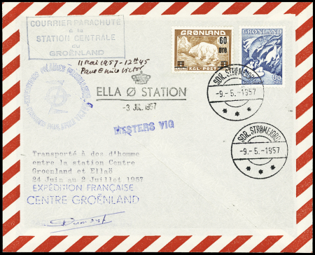 Groenland n°28 + 30 OBL CAD "Sdr. Stromfjord" (9.5.57) sur lettre parachutée par PE Victor et ramenée par J.Dumont avec leurs signatures + utilisation tardive du cachet rect bleu "Courrier parachuté à la station cen