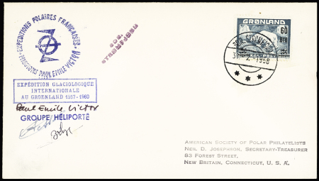 Groenland n°29 OBL CAD "Sdr Stromfjord" (31.7.1958) sur lettre avec cachet rect bleu de l'EGIG 1957 - 1960 et griffe bleue "Groupe héliporté". TB