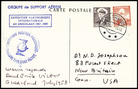 Groenland n°6 + 22 OBL CAD "Sdr Stromfjord" (31.7.1958) sur CP Samivel pour les USA avec griffe de l'EGIG 1957 - 1960 et griffe bleue "Groupe de support aérien". TB
