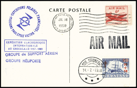 USA PA35 OBL APO 121 (14.7.1958) + Groenland n°31 OBL CAD "Sdr Stromfjord" (14.7.58) sur CP Samivel avec cachet rect bleu EIG 1957 - 1960 et griffes bleues "Groupe de support aérien" et "Groupe héliporté". TB