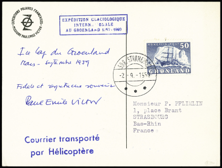 Groenland N°24 OBL CAD "Sdr Stromfjord" 52.9.1959) sur carte postale PEV (rencontre de 2 véhicules à chenilles) avec griffes EGIG 1957 - 1960 et griffe bleue "Courrier transporté par hélicoptère" adressée à Pierr