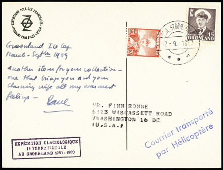 Groenland N°6+22 OBL CAD "Sdr Stromfjord" 52.9.1959) sur carte postale PEV (rencontre de 2 véhicules à chenilles) avec griffes EGIG 1957 - 1960 et griffe bleue "Courrier transporté par hélicoptère" adressée à Was