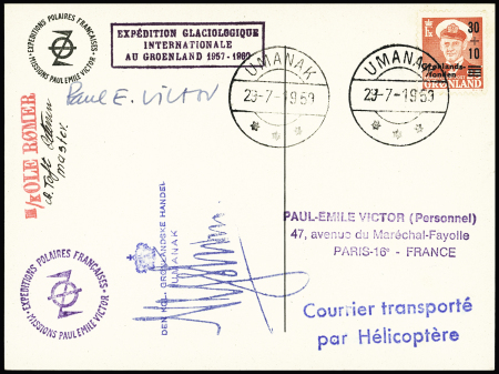 Groenland N°33 OBL Omanak 27.9.1959 sur carte postale PEV (rencontre de 2 véhicules à chenilles) avec griffes EGIG 1957 - 1960 et griffe bleue "Courrier transporté par hélicoptère" adressée à Paul Emile Victor à