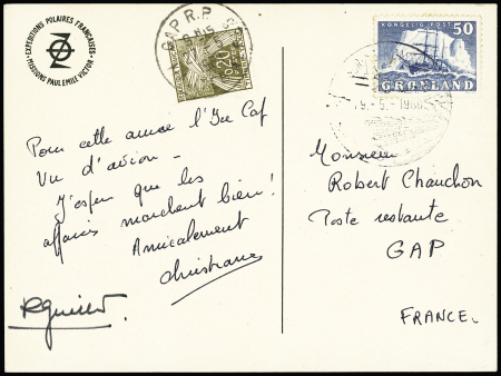 Groenland n°24 OBL CAD illustré de Sandre Stromfjord (19.5.60) sur carte postale PEV adressée en poste restante à Gap avec France timbre-taxe n°92, signée "Christiane" (Gillet) et R.Guillard. Rare et TB