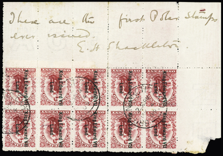 Nouvelle Zélande, terre d'Edouard VII n°1, 1p rouge carminé, bloc de 10 CDF avec mention autographe sur le CDF "These are the first polar stamps ever issued. E. H. Shackleton". TB
