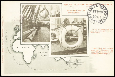 Carte postale (série 3, n°2) avec vue du pont du Discovery et cachet privé "Antarctic Expon 1901 SS Discovery" AFF Cap de Bonne Espérance n°42 OBL "Simons-Town" (7 oct 1901). Rare et TB