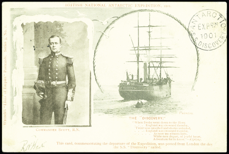 Carte postale (série 3, n°1 ) représentant Scott et le Discovery avec cachet privé "Antarctic expon 1901 SS Discovery" AFF GB n°92 OBL London FC (21.7.1901), rare et TB