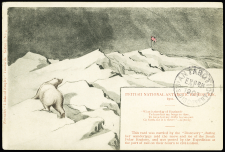 Carte postale (série 3, N°4) représentant un ours polaire et le drapeau anglais sur la banquise avec cachet privé "Antarctic Expon 1901 Discovery " AFF Nouvelle Zélande n°113 OBL Christchurch (25.4.1904) sur carte