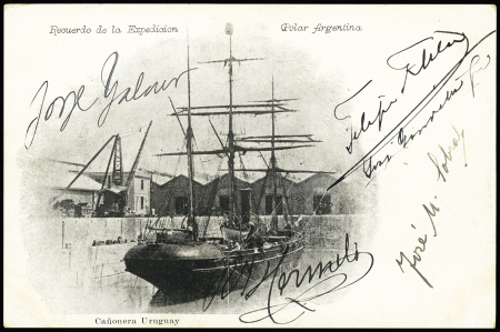 Carte postale "Canonera Uruguay" avec signatures autographes de Jorge Yalour, Felipe Fliess, José Gorrochategui, Ricardo J.Hermelo et José M.Sobral. TB