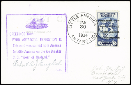 23 cartes postales et plis de l'expédition de Byrd au Pôle Sud, majorité OBL Little America (1934). Bel ensemble. TB. Photo d'une carte