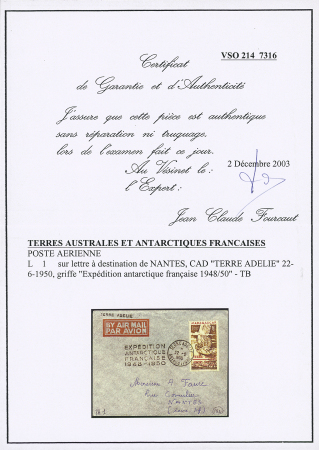TAAF PA n°1 OBL CAD "Terre Adélie Antarctique" (22.6.1950 - Midwinter) + griffe "Expédition antarctique française 1948 - 1950" sur lettre. TB