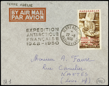 TAAF PA n°1 OBL CAD "Terre Adélie Antarctique" (22.6.1950 - Midwinter) + griffe "Expédition antarctique française 1948 - 1950" sur lettre. TB