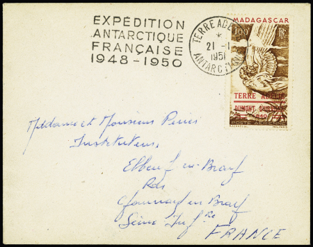TAAF PA n°1 OBL CAD "Terre Adélie Antarctique" (21.1.1951) + griffe expédition antarctique française 1948 - 1950" sur lettre. RR et TB