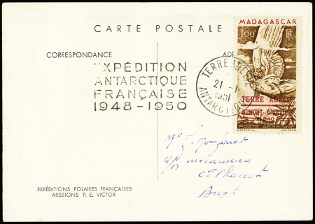 TAAF PA n°1 OBL CAD "Terre Adélie Antarctique" (21.1.1951) sur carte postale EPF (aurore boréale). RR et TB