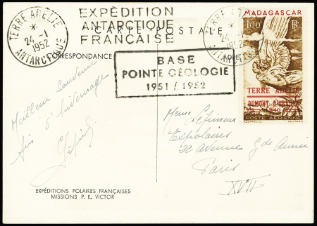 TAAF PA n°1 OBL CAD "Terre Adélie Antarctique" (24.1.1952) sur carte postale EPF (aurore boréale) avec griffe noire encadrée "Base pointe géologie 1951 / 1952". Rare et TB