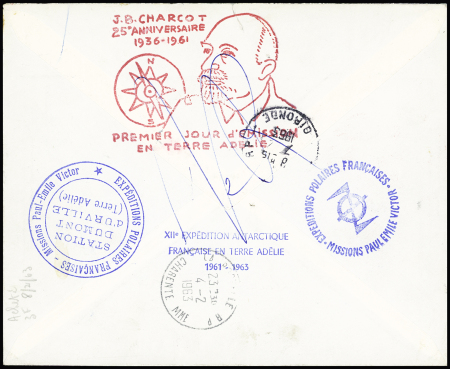 TAAF n°2 + 6 + 7 + 13B + 14 + 13 + 16 + 18 + 19 OBL Terre Adélie (1.1.1963) sur lettre recommandée avec divers cachets au recto dont cachet illustré rouge (RR dans cette couleur) du 25ème anniversaire Charcot. TB
