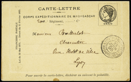 Entier carte lettre à en-tête "Corps expéditionnaire de Madagascar" avec erreur "1859" au lieu de "1895" OBL (25 juin 95). Rare et TB