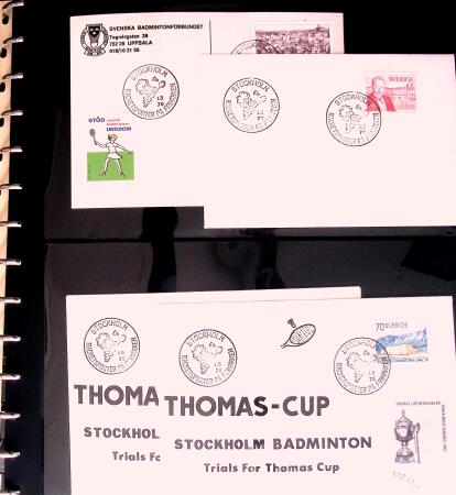 BADMINTON: Specialised collection in four deluxe albums with vignettes, cancellations, postcards, etc. very fine
